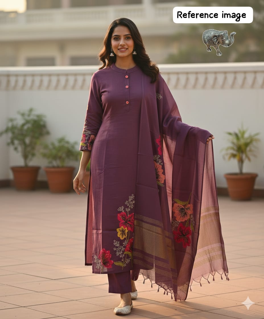 Heavy Maslin Silk Work Kurti Set with Pants view 3
