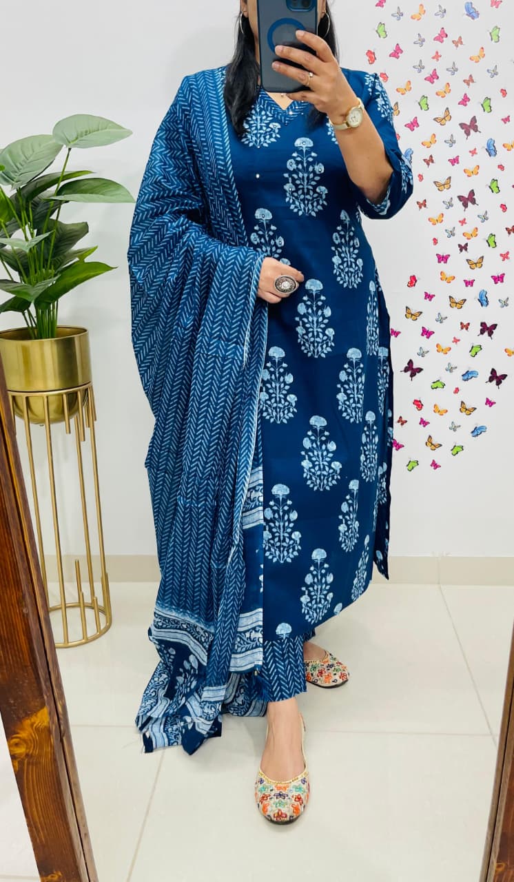 Premium Rich Cotton Kurti Pant Dupatta Set with Ajrakh Pattern view 2