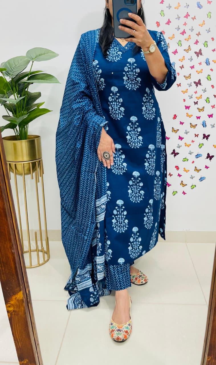 Premium Rich Cotton Kurti Pant Dupatta Set with Ajrakh Pattern