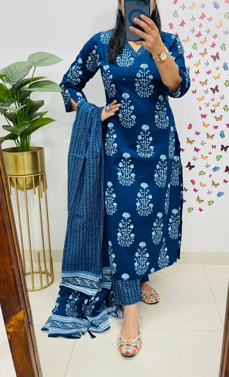 Premium Rich Cotton Kurti Pant Dupatta Set with Ajrakh Pattern view 6