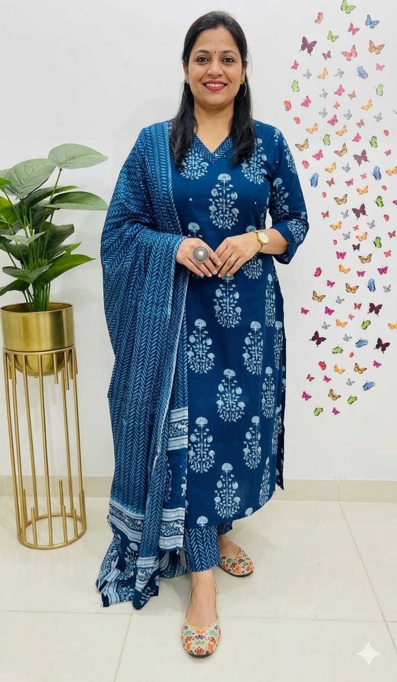 Premium Rich Cotton Kurti Pant Dupatta Set with Ajrakh Pattern