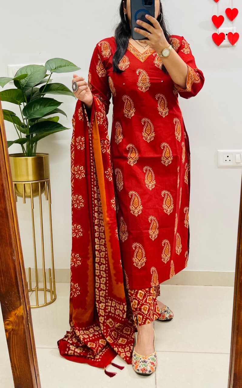 Designer V-Neck Ajrakh Print Cotton Kurti Set