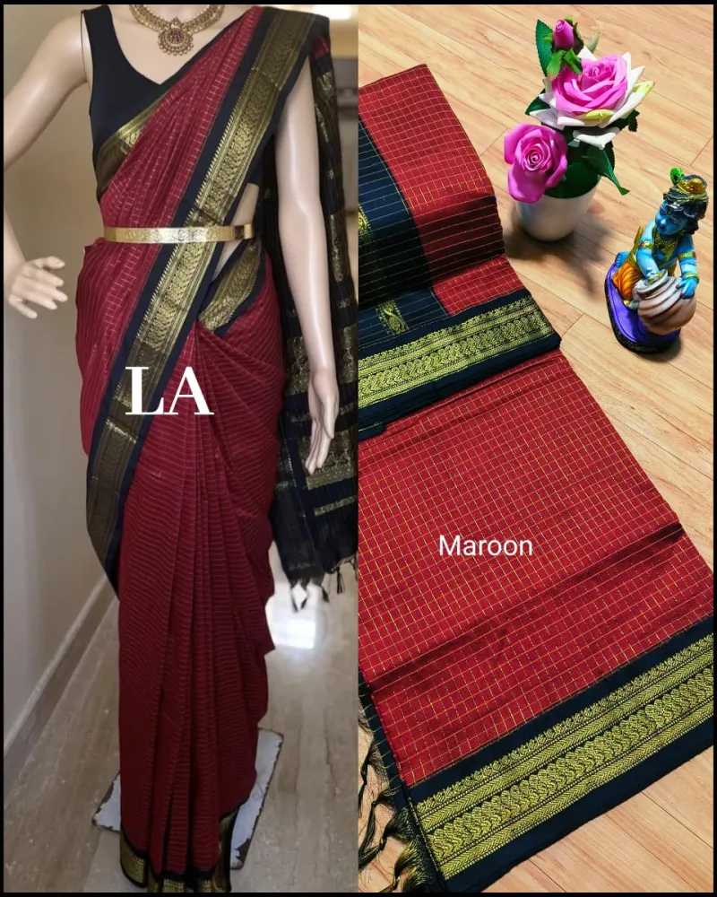 Premium Kalyani Cotton Checked Saree with Grand Zari Pallu and Contrast Blouse view 2