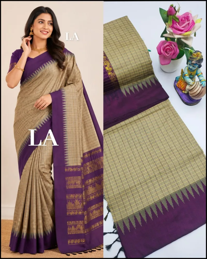 Premium Kalyani Cotton Checked Saree with Grand Zari Pallu and Contrast Blouse