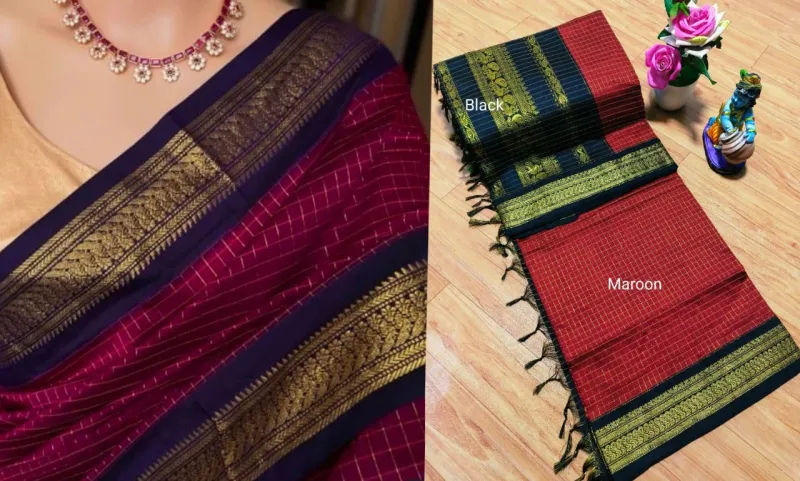 Premium Kalyani Cotton Checked Saree with Grand Zari Pallu and Contrast Blouse view 4