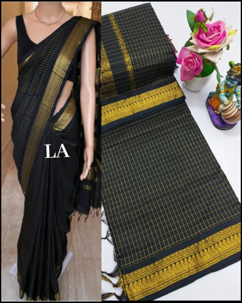 Premium Kalyani Cotton Checked Saree with Grand Zari Pallu and Contrast Blouse view 5