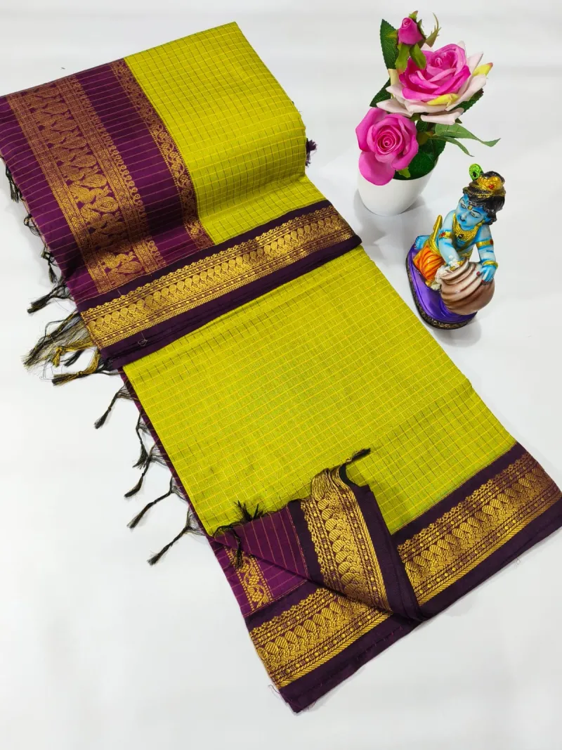 Premium Kalyani Cotton Checked Saree with Grand Zari Pallu and Contrast Blouse view 6