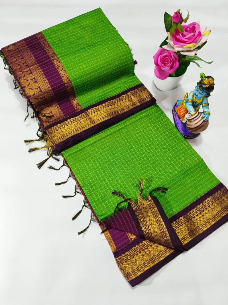 Premium Kalyani Cotton Checked Saree with Grand Zari Pallu and Contrast Blouse view 7