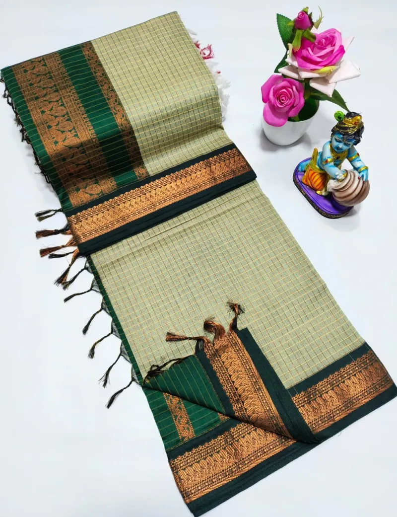 Premium Kalyani Cotton Checked Saree with Grand Zari Pallu and Contrast Blouse view 8
