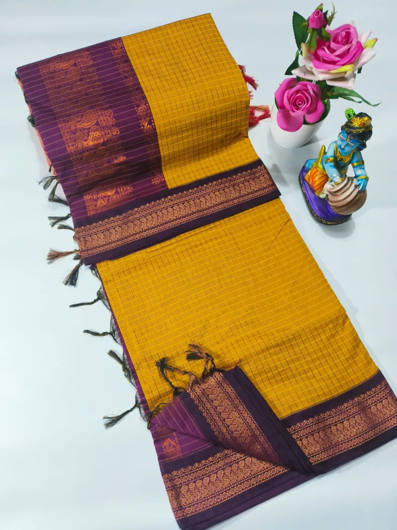 Premium Kalyani Cotton Checked Saree with Grand Zari Pallu and Contrast Blouse view 9