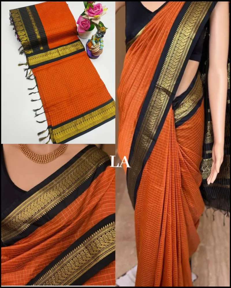Premium Kalyani Cotton Checked Saree with Grand Zari Pallu and Contrast Blouse view 10