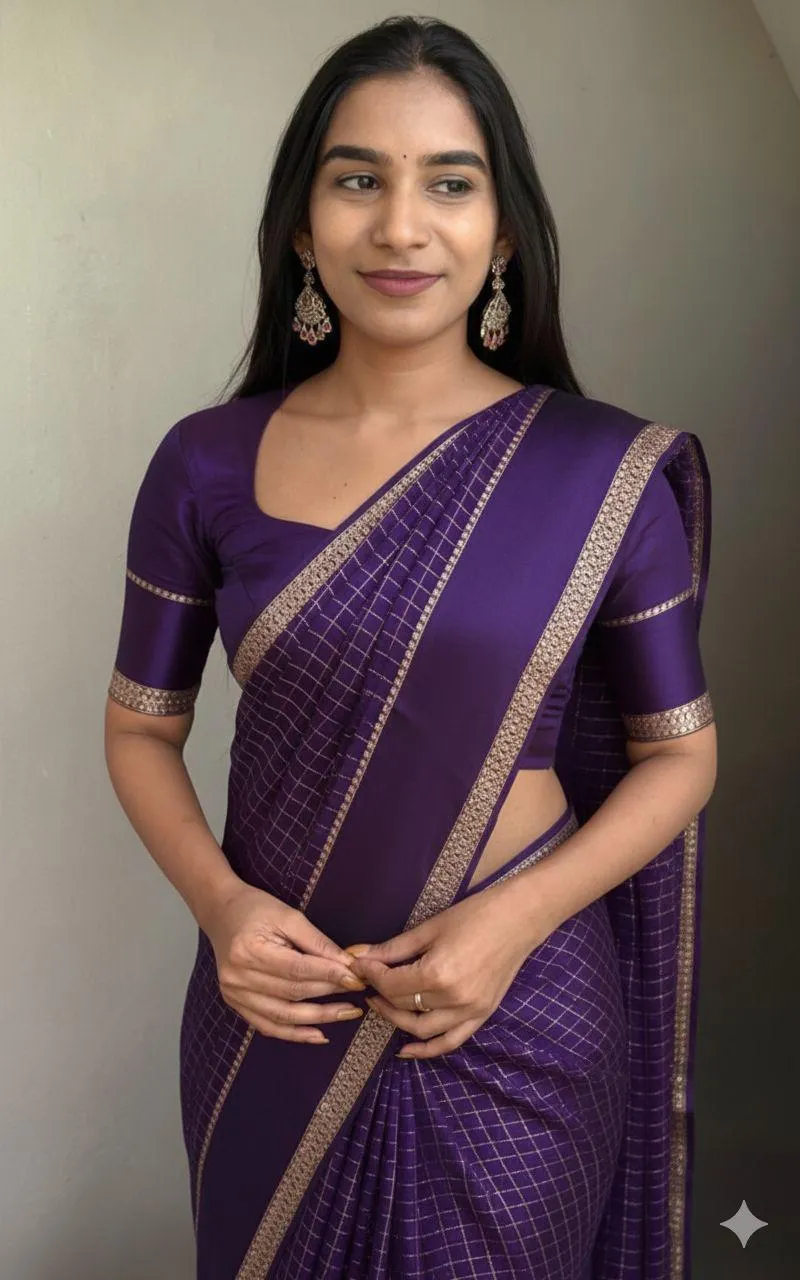 Banarasi Silk Checked Fancy Saree with Zari Pallu and Satin Border