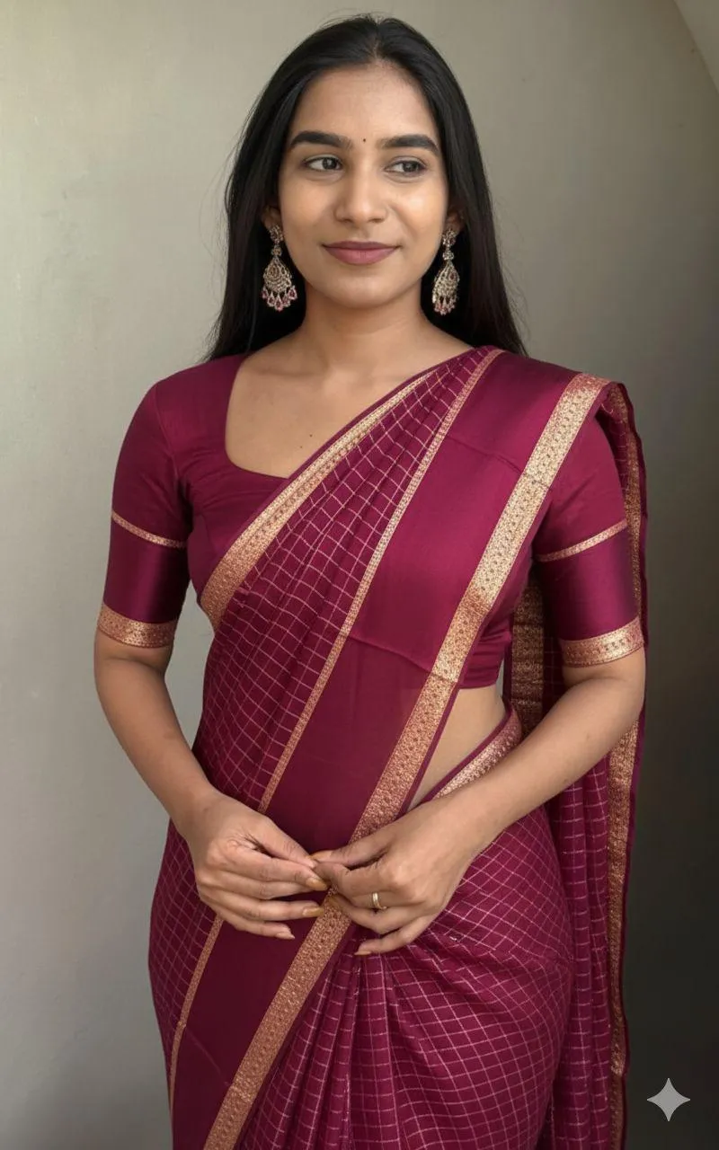 Banarasi Silk Checked Fancy Saree with Zari Pallu and Satin Border view 11