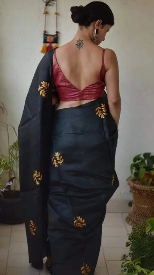 Pure Katan Silk Saree with Computer Embroidery and Running Blouse view 17