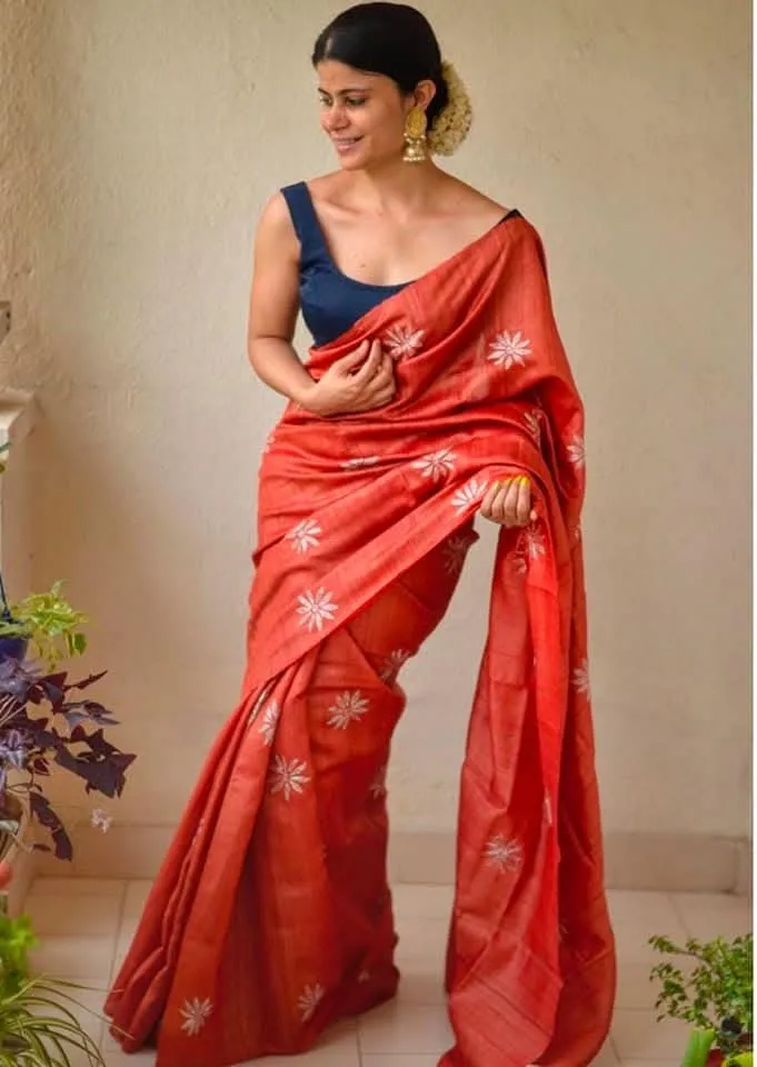 Pure Katan Silk Saree with Computer Embroidery and Running Blouse
