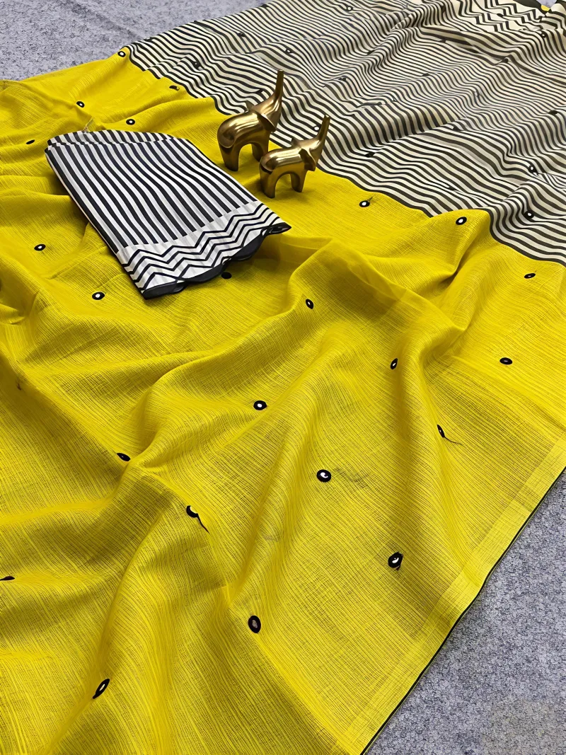 High-Quality Linen Saree with Striped Pallu and Digital Work view 4