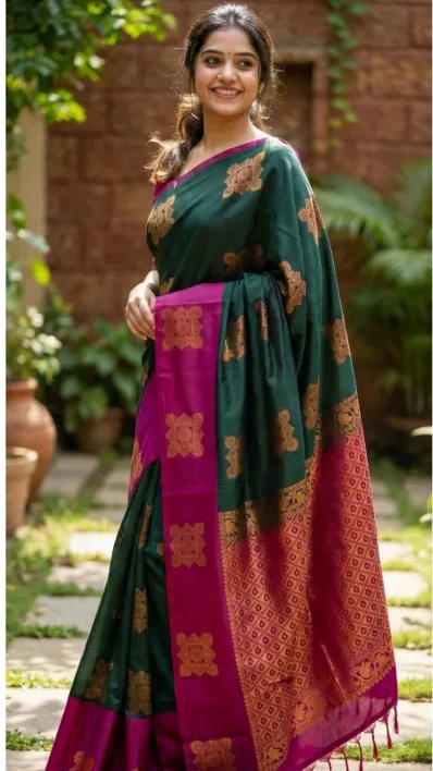Kanchipuram Elite Pure Silk Saree with Contrast Border view 10