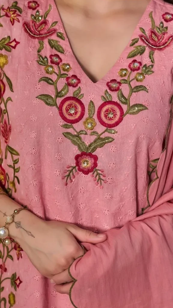 Three-Piece Cotton Embroidered Straight Kurti Set view 3