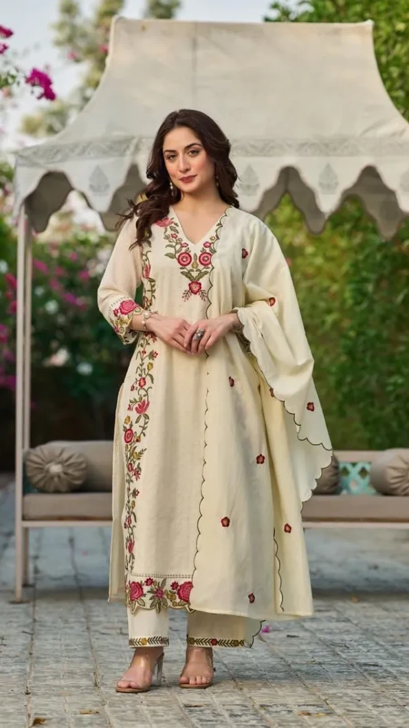 Three-Piece Cotton Embroidered Straight Kurti Set