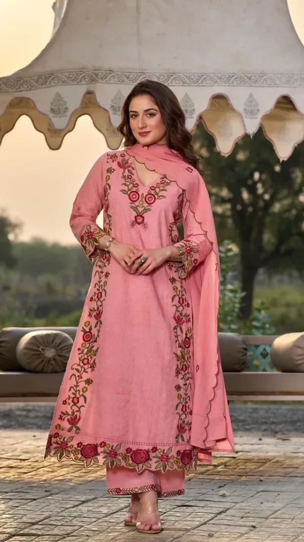 Three-Piece Cotton Embroidered Straight Kurti Set view 10