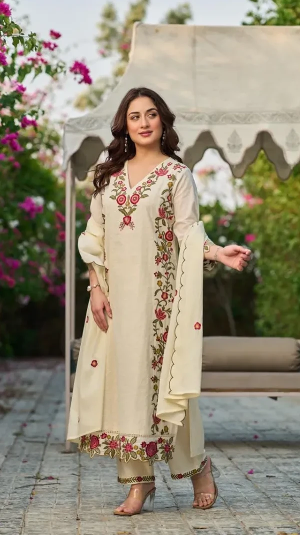 Three-Piece Cotton Embroidered Straight Kurti Set view 11