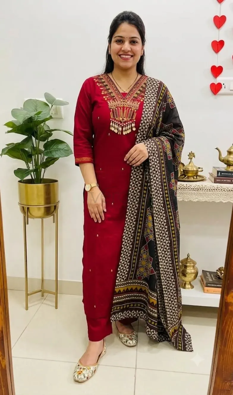 Premium Wine Dhabu Cotton Kurti Set