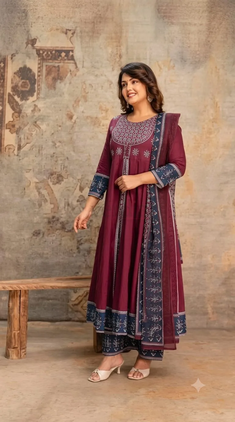 Premium Cotton Long Anarkali Suit with Double Layer Flair and Mirror Work