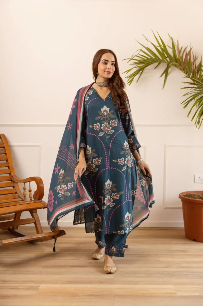 Pure and Premium Cotton Kurti Set with Printed Dupatta and Cotton Palazzo