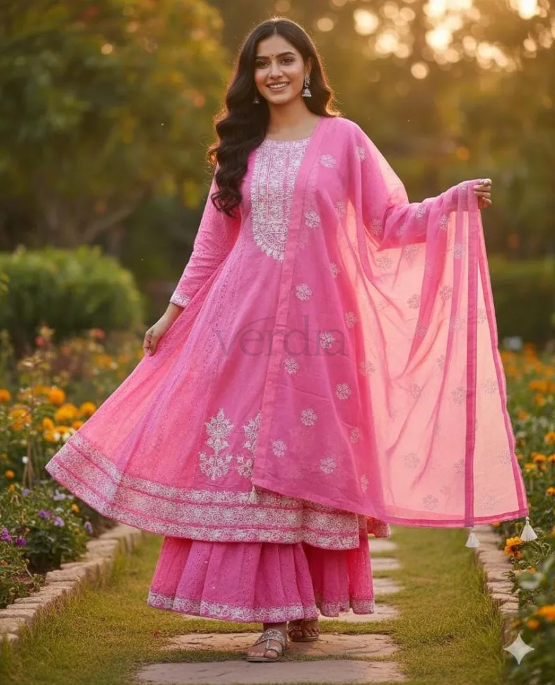 Cotton Schifilli Kurti with Cotton Sharara and Chiffon Dupatta