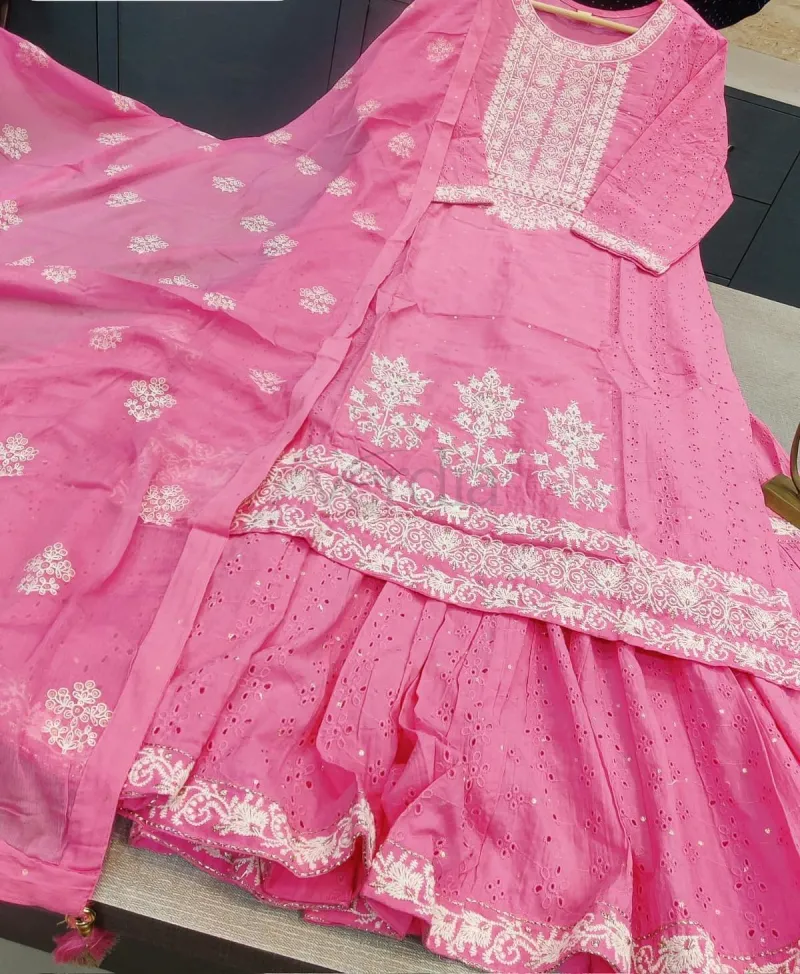 Cotton Schifilli Kurti with Cotton Sharara and Chiffon Dupatta view 3