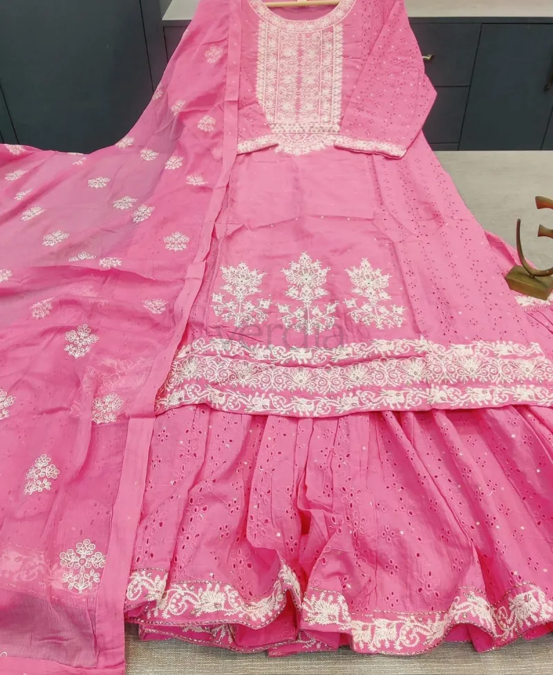 Cotton Schifilli Kurti with Cotton Sharara and Chiffon Dupatta view 4