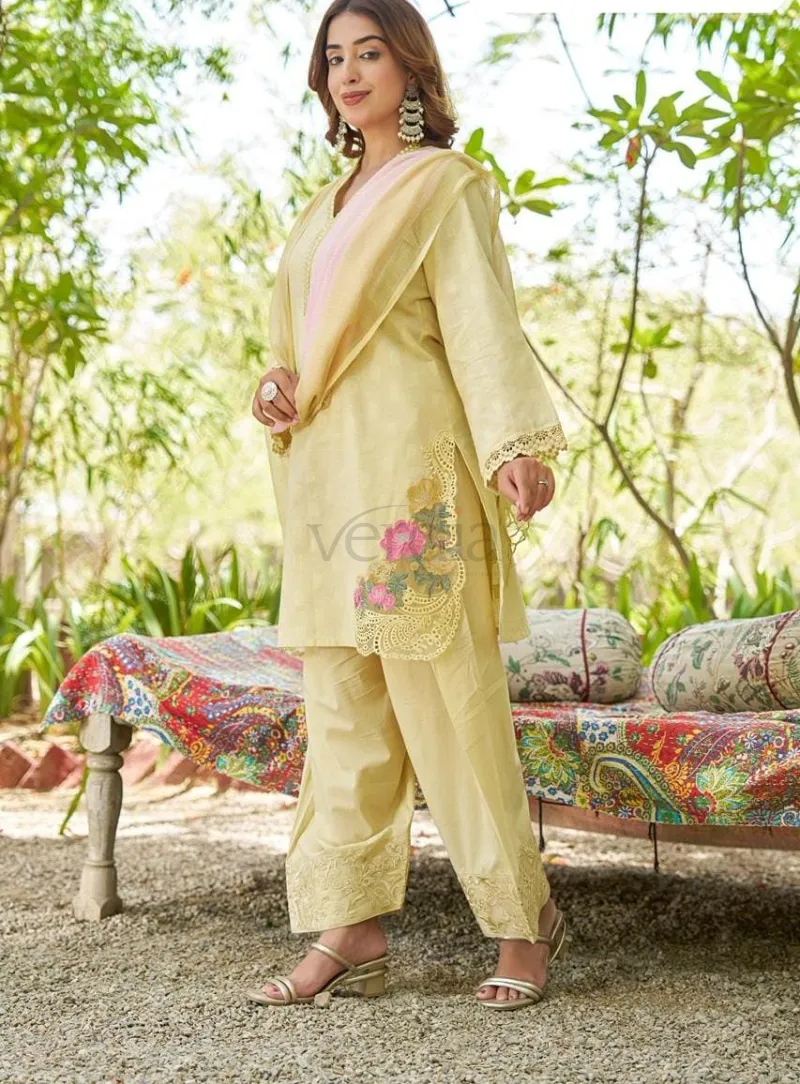 Designer Cotton Three Piece Kurti Set with Embroidery view 2