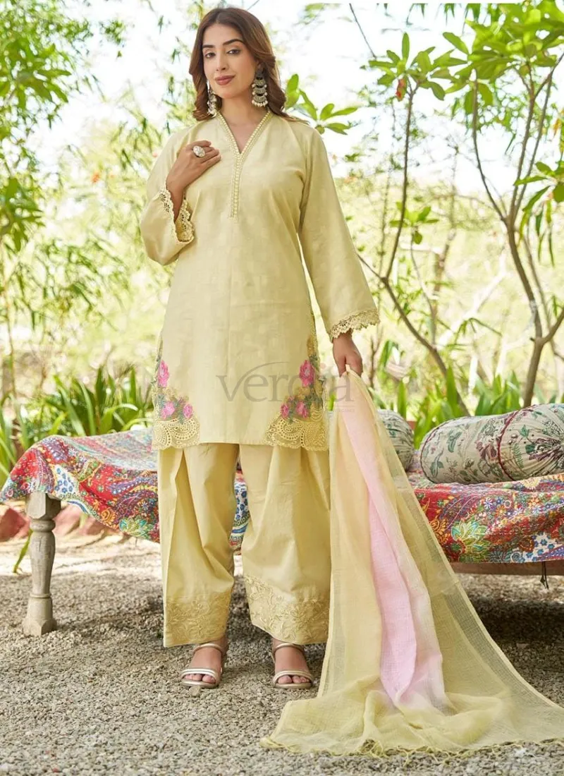Designer Cotton Three Piece Kurti Set with Embroidery