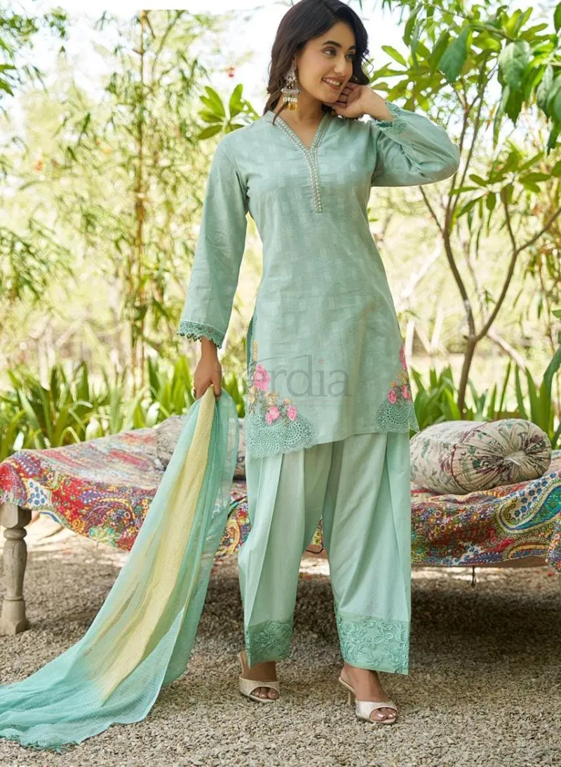 Designer Cotton Three Piece Kurti Set with Embroidery view 5
