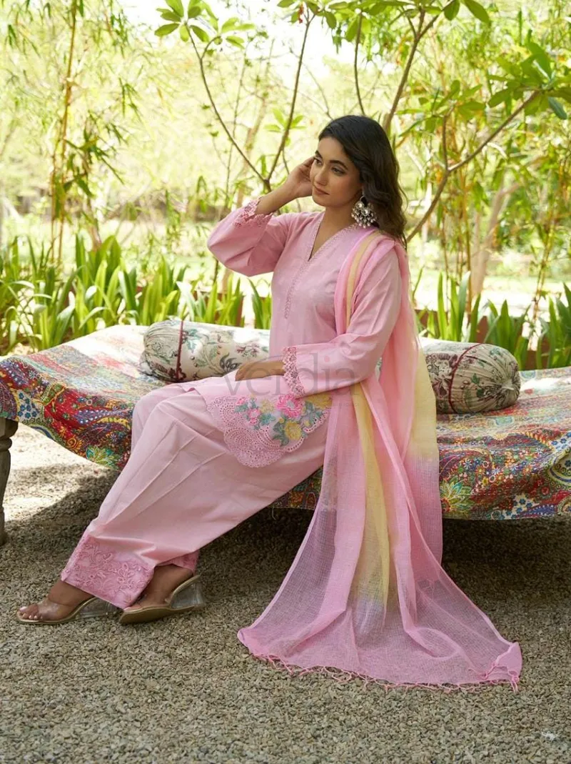 Designer Cotton Three Piece Kurti Set with Embroidery view 7