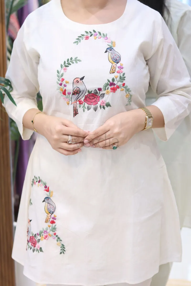 Pure Kora Cotton Hand-Painted Embroidery Work Kurti Set view 2