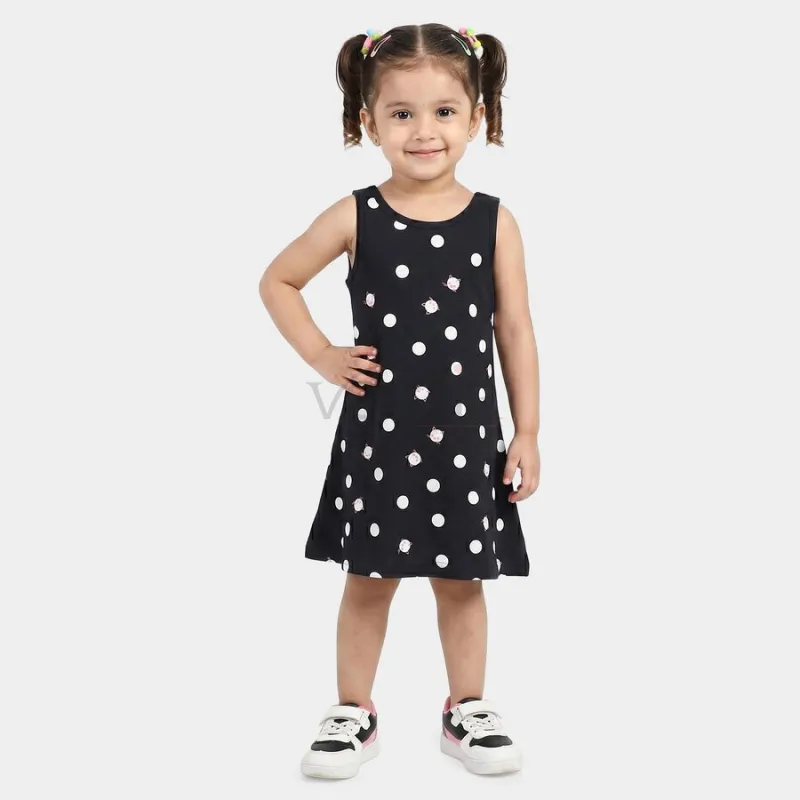 Hand Print Girls' Navy Blue A-Line Polka Dot Printed Frock