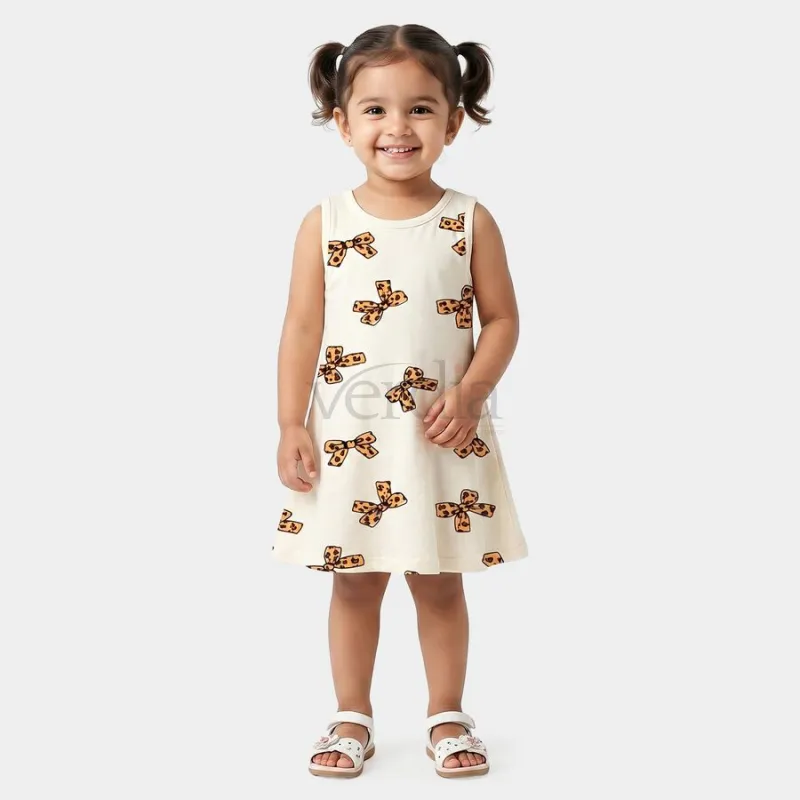 Hand Print Girls' Off White A-Line Bow Printed Sleeveless Frock