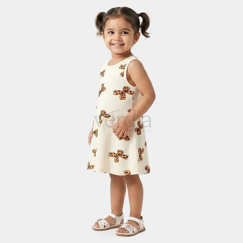 Hand Print Girls' Off White A-Line Bow Printed Sleeveless Frock view 2