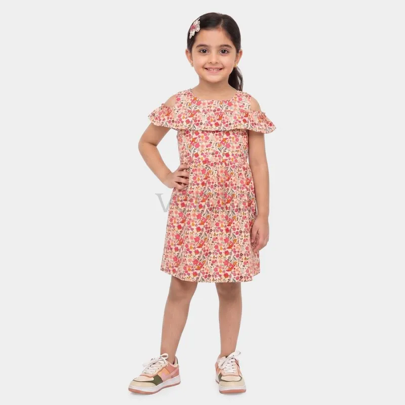 Hand Print Girls' Off White Floral Printed Fit and Flare Frock view 5