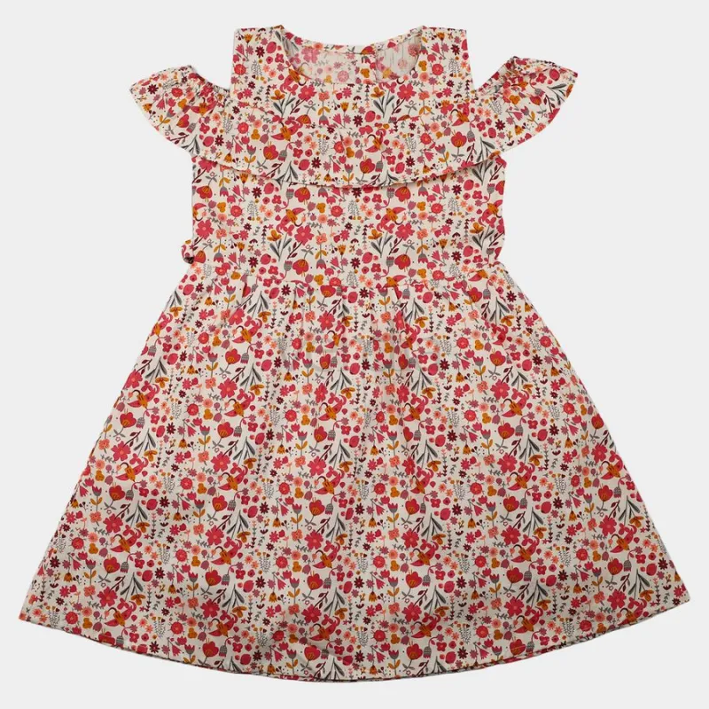 Hand Print Girls' Off White Floral Printed Fit and Flare Frock view 6