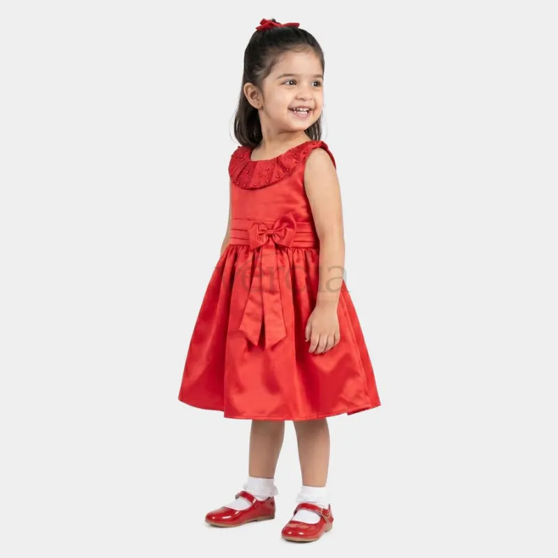 Hand Print Girls' Red Fit and Flare Embellished Bow Party Wear Frock