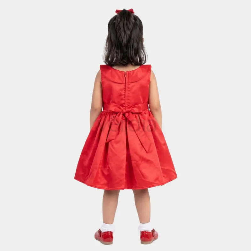 Hand Print Girls' Red Fit and Flare Embellished Bow Party Wear Frock view 3