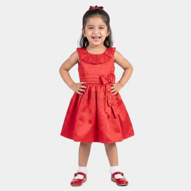 Hand Print Girls' Red Fit and Flare Embellished Bow Party Wear Frock view 5