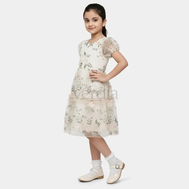 Hand Print Girls' Beige Fit and Flare Lace Overlay Frock view 2