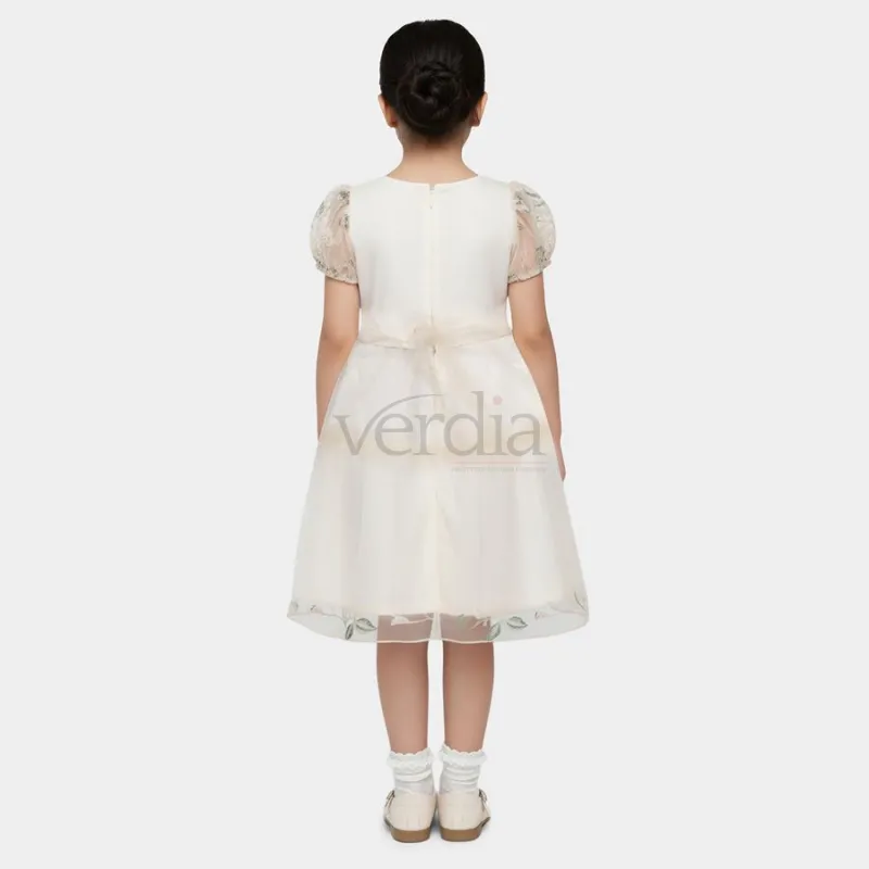 Hand Print Girls' Beige Fit and Flare Lace Overlay Frock view 3