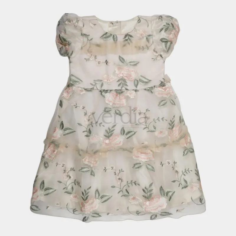 Hand Print Girls' Beige Fit and Flare Lace Overlay Frock view 6