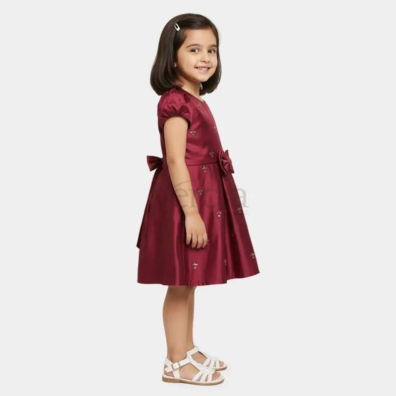 Hand Print Girls' Maroon Fit and Flare Sequin Embellished Frock