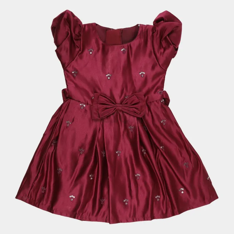 Hand Print Girls' Maroon Fit and Flare Sequin Embellished Frock view 6
