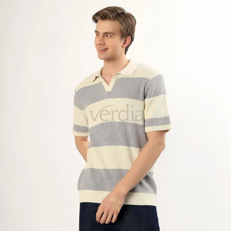 Men's Light Grey and Cream Polo Neck Striped T-Shirt view 2
